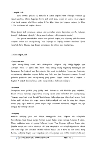7 DISUSUN OLEH I WAYAN SUGITA KELAS X C
3.Lompat Jauh
Suatu akivitas gerakan yg dilakukan di dalam lompatan untuk mencapai lompatan yg
sejauh-sejauhnya. Ukuran Lapangan lompat jauh untuk jarak awalan lari sampai balok tumpuan
45m, balok tumpuan tebal 10cm, panjang 1,72m, lebar 30cm, bak lompatan panjang 9m, lebar
2.75m, kedalaman bak lompat ± 1 meter
Gerak lompat jauh merupakan gerakan dari perpaduan antara Kecepatan (speed), Kekuatan
(stenght), Kelenturan (flexibility), Daya tahan (endurance), Ketepatan (acuration).
Para peneliti membuktikan bahwa suatu prestasi lompat jauh tergantung pada kecepatan
daripada awalan atau ancang-ancang. oleh karenanya di samping memiliki kemampuan sprint
yang baik harus didukung juga dengan kemampuan dari tolakan kaki atau tumpuan.
Teknik lompat jauh
Ancang-ancang
Tujuan ancang-ancang adalah untuk mendapatkan kecepatan yang setinggi-tingginya agar
dorongan massa ke depan lebih besar. Jarak ancang-ancang tergantung kematangan dan
kemampuan berekselerasi atas kecepatanya, dan untuk meningkatkan kemampuan kecepatan
ancang-ancang diperlukan program latihan yang baik, dan juga ketepatan menumpu. Sebagai
pelatihan pemberian jarak ancang-ancang yang pendek dengan dimulai dari 5 langkah, 7
langkah, 9 langkah dan seterusnya sambil memperhatikan kaki saat menumpu.
Menumpu
Merupakan suatu gerakan yang penting untuk menentukan hasil lompatan yang sempurrna.
Badan sewaktu menumpu jangan terlalu condong seperti halnya melakukan lari/ ancang-ancang.
Tumpuan harus kuat, cepat dan aktif keseimbangan badan dijaga agar tidak oleng/ goyang. Berat
badan sedikit di depan titik tumpu, gerakan kaki menelapak dari tumit ke ujung kaki, dengan
tempo yang cepat. Gerakan ayunan lengan sangat membantu menambah ketinggian dan juga
menjaga keseimbangan badan.
Melayang
Gerakan melayang pada saat setelah meninggalkan balok tumpuan dan diupayakan
keseimbangan tetap terjaga dengan bantuan ayunan kedua tangan sehingga bergerak di udara.
Untuk melakukan gerak ini terdapat beberapa teknik. Yang Pertama, Melayang dengan sikap
jongkok dengan cara waktu menumpu kaki ayun mengangkat lutut setinggi-tingginya dan disusul
oleh kaki tumpu dan kemudian sebelum mendarat kedua kaki di bawa ke arah depan. Yang
Kedua, Melayang dengan sikap bergantung cara melakukanya yaitu waktu menumpu kaki ayun
 