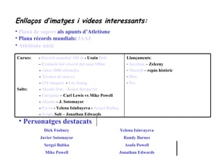 Enllaços d’imatges i videos interessants: Plana de  suport   als apunts d’Atletisme Plana récords mundials:  IAAF Atletisme   antic Personatges destacats Jonathan Edwards Mike Powell Asafa Powell Sergei Bubka Randy Barnes Javier Sotomayor Yelena Isinvayeva Dick Fosbury Llançaments : Javelina  – Zelezny Martell  – repàs històric Disc   Pes Curses:  -  Récord mundial 100 m  - Usain  Bolt –  Evolució  del récord del  món  100m -  video   3000   obstacles -  Tècnica  de  marxa -  110 tanques   -  Liu Xiang  Salts: -  Alçada fem. -  Kajsa   Bergqvist   -  Llargada  – Carl Lewis vs Mike Powell  -  Alçada   – J. Sotomayor -  Perxa  - Yelena Isinbayeva -  Sergei  Bubka -  Triple  Salt  – Jonathan Edwards 
