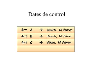 Dates de control    dilluns, 15 febrer dimarts , 16 febrer dimarts , 16 febrer 4rt  C 4rt  B 4rt  A 