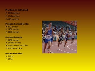 Pruebas de Velocidad:
 100 metros
 200 metros
400 metros
Pruebas de medio fondo:
 800 metros
 1500 metros
 3000 metros
Pruebas de fondo:
 5000 metros
 10.000 metros
 Media maratón 21 km
 Maratón 42 km
Prueba de marcha
 20 km
 50 km
 