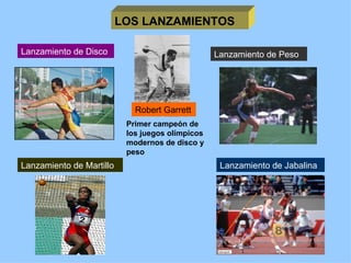 LOS LANZAMIENTOS Lanzamiento de Disco Lanzamiento de Peso Lanzamiento de Jabalina Lanzamiento de Martillo Primer campeón de los juegos olímpicos modernos de disco y peso Robert Garrett 