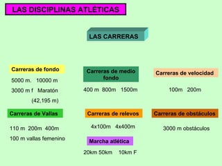 LAS DISCIPLINAS ATLÉTICAS LAS CARRERAS Carreras de fondo Carreras de Vallas Carreras de velocidad Carreras de medio fondo 5000 m.  10000 m 3000 m f  Maratón (42,195 m) 400 m  800m  1500m 100m  200m Carreras de relevos 110 m  200m  400m 100 m vallas femenino 4x100m  4x400m Carreras de obstáculos 3000 m obstáculos Marcha atlética 20km 50km  10km F 