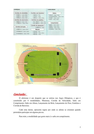 Conclusão:
        O atletismo é um desporto que se estriou nos Jogos Olímpicos, e que é
constituído por 8 modalidades, Maratona, Corrida de Velocidade, Salto em
Comprimento, Salto em Altura, Lançamento da Bola, Lançamento do Peso, Estafetas e
Corrida de Barreiras.

       Cada uma destas, apresenta regras por onde os atletas se orientam quando
pretendem participar em alguma provas.

      Para mim, a modalidade que gosto mais é o salto em comprimento.




                                                                                7
 