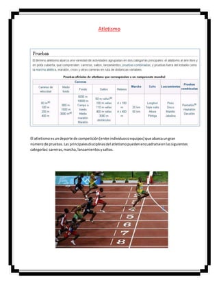 Atletismo
El atletismoesundeporte de competición(entre individuosoequipos) que abarcaungran
númerode pruebas.Las principalesdisciplinasdel atletismopuedenencuadrarseenlassiguientes
categorías: carreras,marcha, lanzamientosysaltos.
 