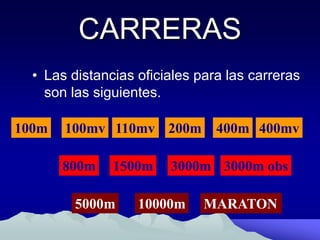 CARRERAS
• Las distancias oficiales para las carreras
son las siguientes.
100m 110mv100mv
1500m 3000m
200m 400m
800m
5000m 10000m MARATON
400mv
3000m obs
 