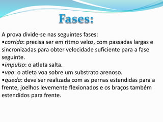 A prova divide-se nas seguintes fases:
•corrida: precisa ser em ritmo veloz, com passadas largas e
sincronizadas para obter velocidade suficiente para a fase
seguinte.
•impulso: o atleta salta.
•voo: o atleta voa sobre um substrato arenoso.
•queda: deve ser realizada com as pernas estendidas para a
frente, joelhos levemente flexionados e os braços também
estendidos para frente.
 