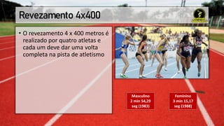 Revezamento 4x400
• O revezamento 4 x 400 metros é
realizado por quatro atletas e
cada um deve dar uma volta
completa na pista de atletismo
Masculino
2 min 54,29
seg (1983)
Feminino
3 min 15,17
seg (1988)
 