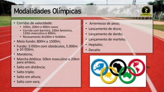 Modalidades Olímpicas
• Corridas de velocidade:
• 100m, 200m e 400m rasos;
• Corrida com barreira, 100m feminino,
110m masculino e 400m;
• Revezamento 4x100m e 4x400m.
• Meio-fundo: 800m e 1500m;
• Fundo: 3.000m com obstáculos, 5.000m
e 10.000m;
• Maratona;
• Marcha Atlética: 50km masculino e 20km
para ambos;
• Salto em distância;
• Salto triplo;
• Salto em altura;
• Salto com vara;
• Arremesso de peso;
• Lançamento de disco;
• Lançamento de dardo;
• Lançamento de martelo;
• Heptatlo;
• Decatlo
 