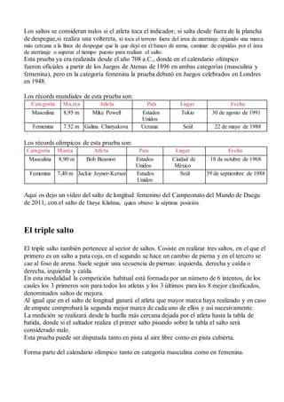 Los saltos se consideran nulos si el atleta toca el indicador, si salta desde fuera de la plancha
de despegue,si realiza una voltereta, si toca el terreno fuera del área de aterrizaje dejando una marca
más cercana a la línea de despegue que la que dejó en el banco de arena, caminar de espaldas por el área
de aterrizaje o superar el tiempo puesto para realizar el salto.
Esta prueba ya era realizada desde el año 708 a.C., donde en el calendario olímpico
fueron oficiales a partir de los Juegos de Atenas de 1896 en ambas categorías (masculina y
femenina), pero en la categoría femenina la prueba debutó en Juegos celebrados en Londres
en 1948.
Los récords mundiales de esta prueba son:
Categoría Ma,rca Atleta País Lugar Fecha
Masculina 8,95 m Mike Powell Estados
Unidos
Tokio 30 de agosto de 1991
Femenina 7.52 m Galina Chistyakova Ucrania Seúl 22 de mayo de 1988
Los récords olímpicos de esta prueba son:
Categoría Marca Atleta País Lugar Fecha
Masculina 8,90 m Bob Beamon Estados
Unidos
Ciudad de
México
18 de octubre de 1968
Femenina 7,40 m Jackie Joyner-Kersee Estados
Unidos
Seúl 39 de septiembre de 1988
Aquí os dejo un vídeo del salto de longitud femenino del Campeonato del Mundo de Daegu
de 2011, con el salto de Darya Klishina, quien obtuvo la séptima posición.
El triple salto
El triple salto también pertenece al sector de saltos. Cosiste en realizar tres saltos, en el que el
primero es un salto a pata coja, en el segundo se hace un cambio de pierna y en el tercero se
cae al foso de arena. Suele seguir una secuencia de piernas: izquierda, derecha y caída o
derecha, izquierda y caída.
En esta modalidad la competición habitual está formada por un número de 6 intentos, de los
caules los 3 primeros son para todos los atletas y los 3 últimos para los 8 mejor clasificados,
denominados saltos de mejora.
Al igual que en el salto de longitud ganará el atleta que mayor marca haya realizado y en caso
de empate comprobará la segunda mejor marca de cada uno de ellos y así sucesivamente.
La medición se realizará desde la huella más cercana dejada por el atleta hasta la tabla de
batida, donde si el saltador realiza el primer salto pisando sobre la tabla el salto será
considerado nulo.
Esta prueba puede ser disputada tanto en pista al aire libre como en pista cubierta.
Forma parte del calendario olímpico tanto en categoría masculina como en femenina.
 