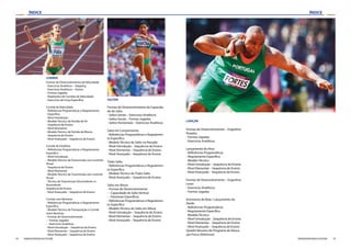 18 19FEDERAÇÃO PORTUGUESA DE ATLETISMO FEDERAÇÃO PORTUGUESA DE ATLETISMO
ÍNDICEÍNDICE
Formas de Desenvolvimento da Velocidade
- Exercícios Analíticos – Skipping
- Exercícios Analíticos – Outros
- Formas Jogadas
- Repetições de Corridas de Velocidade
- Exercícios de Força Específica
Corrida de Velocidade
- Referências Programáticas e Regulamento
- Específico
- Nível Introdução
- Modelo Técnico da Partida de Pé
- Sequência de Ensino
- Nível Elementar
- Modelo Técnico da Partida de Blocos
- Sequência de Ensino
- Nível Avançado – Sequência de Ensino
Corrida de Estafetas
- Referências Programáticas e Regulamento
Específico
- Nível Introdução
- Modelo Técnico da Transmissão com controlo
Visual
- Sequência de Ensino
- Nível Elementar
- Modelo Técnico da Transmissão sem controlo
Visual
- Técnica de Transmissão Descendente vs
Ascendente
Sequência de Ensino
- Nível Avançado – Sequência de Ensino
Corrida com Barreiras
- Referências Programáticas e Regulamento
Específico
- Modelo Técnico da Transposição e Corrida
entre Barreiras
- Formas de Desenvolvimento
- - Formas Jogadas
- - Exercícios Analíticos
- Nível Introdução – Sequência de Ensino
- Nível Elementar – Sequência de Ensino
- Nível Avançado – Sequência de Ensino
Formas de Desenvolvimento da Capacida-
de de Salto
- Saltos Gerais – Exercícios Analíticos
- Saltos Gerais – Formas Jogadas
- Saltos Horizontais – Exercícios Analíticos
Salto em Comprimento
- Referências Programáticas e Regulamen-
to Específico
- Modelo Técnico do Salto na Passada
- Nível Introdução – Sequência de Ensino
- Nível Elementar – Sequência de Ensino
- Nível Avançado – Sequência de Ensino
Triplo Salto
- Referências Programáticas e Regulamen-
to Específico
- Modelo Técnico do Triplo Salto
- Nível Avançado – Sequência de Ensino
Salto em Altura
- Formas de Desenvolvimento
- - Capacidade de Salto Vertical
- - Destrezas Específicas
- Referências Programáticas e Regulamen-
to Específico
- Modelo Técnico do Salto em Altura
- Nível Introdução – Sequência de Ensino
- Nível Elementar – Sequência de Ensino
- Nível Avançado – Sequência de Ensino
SALTAR
CORRER
Formas de Desenvolvimento – Engenhos
Pesados
- Formas Jogadas
- Exercícios Analíticos
Lançamento do Peso
- Referências Programáticas
- Regulamento Específico
- Modelo Técnico
- Nível Introdução – Sequência de Ensino
- Nível Elementar – Sequência de Ensino
- Nível Avançado – Sequência de Ensino
Formas de Desenvolvimento – Engenhos
Leves
- Exercícios Analíticos
- Formas Jogadas
Arremesso de Bola / Lançamento do
Dardo
- Referências Programáticas
- Regulamento Específico
- Modelo Técnico
- Nível Introdução – Sequência de Ensino
- Nível Elementar – Sequência de Ensino
- Nível Avançado – Sequência de Ensino
Quadro Resumo do Programa de Educa-
ção Física (Atletismo)
LANÇAR
 
