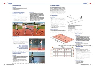 CORRER CORRER
26 27FEDERAÇÃO PORTUGUESA DE ATLETISMO FEDERAÇÃO PORTUGUESA DE ATLETISMO
3. Exercícios de Coordenação e
Frequência Gestual
Descrição:
›› O aluno realiza uma tarefa, procurando
realizar a destreza no menor tempo
possível.
›› Podem ser realizados exercícios va-
riados utilizando arcos, cones, cordas,
barreiras baixas. 	
2. Saltar à corda
Descrição:
›› O aluno realiza uma sequência de sal-
tos, procurando realizar os apoios pela
zona médio-anterior do pé, e manter os
segmentos corporais alinhados.
Opção 1 – Parado, com pés juntos;
Opção 2 – Parado, em pé coxinho;
Opção 3 – Em Deslocamento: a pés juntos,
pé-coxinho ou alternando apoios
2. Formas Jogadas
Em competição directa entre 2 ou mais
equipas, em forma de estafeta ou registo
de tempo, no final do aquecimento. Estas
formas jogadas, com percursos curtos,
podem ajustar-se aos espaços disponíveis,
são uma forma muito apelativa para de-
senvolver a capacidade de aceleração.
1.“Chão Quente”
Organização:
›› Efectuar um percurso de ida e volta
onde na ida há a necessidade de efec-
tuar o apoio num espaço limitado e o
regresso é feito em velocidade;
›› A penalização por não cumprir um
apoio é de 1 segundo, ou recuar em 1 m
o local de partida;
›› Pode organizar-se por estafetas ou por
registo de tempo.
Material Necessário:
›› Cones, ripas, tiras de alcatifa, cordas ou
outro material de marcação (50cm a 1
metro entre marcas);
›› 2 Cones marcadores;
›› Arcos (testemunhos).
›› Cronometro, se for efectuado o registo
de tempos.
2. 4x 10 metros
Organização:
›› Organizar um percurso com cerca de
10 metros, para que o aluno realize
acelerações sucessivas de ida e volta;
›› Pode realizar-se por estafetas, competi-
ção directa ou por registo de tempo.
Material Necessário:
›› 2 Cones marcadores por estação;
›› Cronometro.
›› 3. Estafeta Mega
Organização:
›› Organizar ao longo de uma recta,
percursos de 10 a 15 metros, para que
o aluno transporte 3 objectos (arcos),
um de cada vez, totalizando 5 percursos
cada aluno;
›› Vence a equipa que colocar os 3 objec-
tos (arcos) no cone final;
›› O número de percursos é ajustável, à
distância disponível.
Material Necessário:
›› 2 Cones por equipa;
›› 3 Arcos por equipa;
›› Cones.
1. Exercícios sobre Barreiras
(pendulares e saltitares)
Descrição:
›› O aluno realiza exercícios sobre peque-
nas barreiras, com altura entre os 20 e
50cm, com a perna livre em extensão
(pendulares) ou flectida (saltitares);
Observações:
›› Tronco na vertical e olhar em frente.
›› Movimento dos braços flectidos, cen-
trado na articulação do ombro (a mão
passa ao nível da bacia).
›› Na execução dos exercícios deverá ser
dada a indicação de que o movimento
deverá partir do pé e da articulação
tíbio-társica. (Apoio activo)	
Outros Exercícios
Objectivo:
›› Melhoria da Qualidade dos Apoios e;
›› Atitude Postural
 