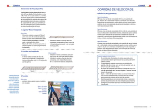CORRER CORRER
30 31FEDERAÇÃO PORTUGUESA DE ATLETISMO FEDERAÇÃO PORTUGUESA DE ATLETISMO
Aspectosaobservarna
execuçãodosexercícios:
-oalunodeverealizara
extensãodo(s)membro(s)
deimpulsão;
-oalunodeveutilizaros
braçosemmovimentos
enérgicosecoordenados
comaextensãodaspernas;
-oalunodevemantero
alinhamentocorporal.
4. Exercícios de Força Específica
A velocidade é muito dependente dos ní-
veis de força rápida. Os multisaltos e o tra-
balho feito em escadas (saltos ou corrida)
são boas opções para o desenvolvimento
da força rápida (no capitulo dos saltos, são
apresentados exercícios para a melhoria
da capacidade de salto, que também po-
dem ser utilizados para o desenvolvimen-
to desta manifestação da força).
1. Jogo da“Mosca”Adaptado
Descrição:
›› Os alunos realizam o jogo da“Mosca”
com uma zona de corrida de balanço
prévia aos três saltos delimitados pelas
marcas. Devem prosseguir a corrida
após a realização dos saltos.
›› Depois de todos os alunos passarem, a
distância entre os cones é ligeiramente
aumentada.
2. Corridas em Amplitude
Descrição:
›› O aluno realiza corridas de 20 a 30
metros em amplitude,“respeitando”
marcas colocadas, com 5 a 10 metros de
corrida prévia. 	
›› A distância entre as marcas deve ser
constante, começando a 5 pés (cerca de
1,5 metros), aumentando 1 pé, em cada
nível seguinte.
3. Escadas
Descrição:
›› existem várias opções para o trabalho
em escadas:
Opção 1. Em corrida
Opção 2. Em saltos:
	 Pés juntos
	 Apoios alternados
“Coxinhos”
Opção 1 Opção 2
Observações:
›› Utilizam-se vários corredores para per-
mitir níveis de execução diferenciados.
›› A distância entre as marcas deve ser
constante, com níveis diferenciados,
de 6 a 8 pés entre marcas (adaptável).
CORRIDAS DE VELOCIDADE
Referências Programáticas:
Nível Introdução:
Efectua uma corrida de velocidade (40 m), com partida de
pé. Acelera até à velocidade máxima, mantendo uma elevada
frequência de movimentos, realiza apoios activos sobre a parte
anterior do pé (com extensão da perna de impulsão) e termina
sem desaceleração nítida.
Nível Elementar:
Efectua uma corrida de velocidade (40 m a 60 m), com partida de
tacos. Acelera até à velocidade máxima, realizando apoios activos
sobre a parte anterior do pé (extensão completa da perna de
impulsão) e termina sem desaceleração nítida, com inclinação do
tronco à frente nas duas últimas passadas.
Nível Avançado:
Efectua uma corrida de velocidade, com partida de tacos. Acelera
até à velocidade máxima, realizando apoios activos sobre a parte
anterior do pé com extensão completa da perna de impulsão e
termina sem desaceleração nítida, com inclinação do tronco à
frente nas duas últimas passadas.
REGULAMENTO ESPECÍFICO:
1.	 As corridas são efectuadas em pistas separadas, e os
concorrentes devem permanecer na sua pista, até termi-
narem a prova;
2.	 O participante, quando se encontra em posição de
partida, não deve tocar, nem na linha de partida nem no
terreno situado à frente desta;
3.	 As vozes de comando para realizar a partida de uma cor-
rida de velocidade são:“aos seus lugares”,“prontos”e sinal
sonoro de partida;
4.	 Após a ordem de“prontos”, todos os concorrentes deve-
rão assumir imediatamente a posição final de partida,
permanecendo imóveis até ao sinal de partida;
5.	 Será falsa partida, se um concorrente iniciar o seu movi-
mento de partida antes do sinal utilizado para a mesma;
6.	 Qualquer concorrente que faça uma falsa partida é des-
classificado.
 