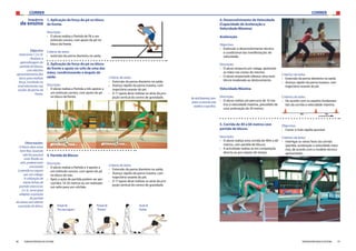 CORRER CORRER
36 37FEDERAÇÃO PORTUGUESA DE ATLETISMO FEDERAÇÃO PORTUGUESA DE ATLETISMO
1. Aplicação da força do pé no bloco
da frente.
Descrição:
›› O aluno realiza a Partida de Pé a um
estímulo sonoro, com apoio do pé no
bloco da frente.
Critério de êxito:
›› extensão da perna dianteira na saída.
2. Aplicação da força do pé no bloco
da frente e apoio no solo de uma das
mãos, condicionando o ângulo de
saída.
Descrição:
›› O aluno realiza a Partida a três apoios a
um estímulo sonoro, com apoio do pé
no bloco da frente.
Objectivo
(exercícios 1,2 e 3):
- Realizar a
aprendizagem da
partida de blocos,
com efectivo
aproveitamento dos
tácos para realizar
força, incidindo no
nível elementar nas
acções da perna da
frente.
Observações:
- O bloco deve estar
bem fixo. Quando
não for possível
estar fixado ao
solo, poderá estar
encostado
à parede ou seguro
por um colega;
- A utilização de
várias linhas de
partida (exercícios
2 e 3), serve para
adaptar a posição
de partida
do aluno sem alterar
a posição do bloco.
Sequência
de ensino
3. Partida de Blocos				
	
Descrição:
›› O aluno realiza a Partida a 4 apoios a
um estímulo sonoro, com apoio do pé
no bloco de trás.
›› Após a ação de partida podem ser per-
corridos 10-20 metros ou ser realizado
um salto para um colchão.
Critério de êxito:
›› Extensão da perna dianteira na saída;
›› Avanço rápido da perna traseira, com
trajectória rasante do pé;
›› O 1º apoio deve realizar-se atrás da pro-
jeção vertical do centro de gravidade.
Critério de êxito:
›› Extensão da perna dianteira na saída;
›› Avanço rápido da perna traseira, com
trajectória rasante do pé;
›› O 1º apoio deve realizar-se atrás da pro-
jeção vertical do centro de gravidade.
Posição de
“Prontos”
Acção de
Partida
Posição de
“Aos seus lugares”
4. Desenvolvimento da Velocidade
(Capacidade de Aceleração e
Velocidade Máxima)
Aceleração
Objectivo:
›› Estimular o desenvolvimento técnico
e condicional das manifestações de
velocidade.
Descrição:
›› O aluno empurra um colega, apoiando
as mãos nas costas do mesmo;
›› O aluno empurrado oferece uma resis-
tência moderada ao deslocamento.	
NonívelElementar,intro-
duzem-seexercíciosmais
analíticoseespecíficos.
5. Corrida de 40 a 60 metros com
partida de blocos
Descrição:
›› O aluno realiza uma corrida de 40m a 60
metros, com partida de blocos;
›› A actividade realiza-se em competição
directa ou por registo de tempo.
	
Critérios de êxito:
›› Extensão da perna dianteira na saída;
›› Avanço rápido da perna traseira, com
trajectória rasante do pé.
Velocidade Máxima
	
Descrição:
›› O aluno realiza um percurso de 10 me-
tros à velocidade máxima, precedido de
uma aceleração de 20 metros.	
Critérios de êxito:
›› De acordo com os aspetos fundamen-
tais da corrida à velocidade máxima.	
Objectivo:
›› Correr o mais rápido possível
Critérios de êxito:
›› Interligar as várias fases da corrida
(partida, aceleração e velocidade máxi-
ma), de acordo com o modelo técnico
apresentado.
 