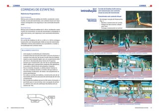 CORRER CORRER
40 41FEDERAÇÃO PORTUGUESA DE ATLETISMO FEDERAÇÃO PORTUGUESA DE ATLETISMO
CORRIDAS DE ESTAFETAS
Referências Programáticas:
Nível Introdução:
Efectua uma corrida de estafetas de 4x50m, recebendo o teste-
munho, na zona de transmissão, com controlo visual e em movi-
mento, entregando-o em segurança e sem acentuada desacele-
ração.
Nível Elementar:
Efectua uma corrida de estafetas de 4 x 60 m, recebendo o teste-
munho em movimento, na zona de transmissão e entregando-o,
após sinal sonoro, com segurança e sem acentuada desacelera-
ção.
Nível Avançado:
Em corrida de estafetas (4 x 60 m, 4 x 80 m, 4 x 100 m), entrega o
testemunho, sem desaceleração nítida na zona de transmissão,
utilizando a técnica descendente e/ou ascendente, e recebe-o
em aceleração sem controlo visual.
REGULAMENTO ESPECÍFICO:
›› Uma equipa é constituída por 4 elementos;
›› O testemunho tem de percorrer todo o percurso da prova, e
consiste num tubo liso, de secção circular, feito de madeira,
metal ou outro material rígido, com um comprimento entre
28 e 30 cm, não devendo pesar menos de 50 gramas;
›› Sempre que o testemunho caia, tem de ser apanhado pelo
último atleta que o transportava, podendo este abandonar
a sua pista, se desta forma não prejudicar ninguém;
›› Para as restantes situações, os atletas devem manter-se
nos seus corredores durante a corrida e até que todas as
transmissões se efectuem, de modo a não prejudicarem os
outros participantes;
›› Em todas as corridas de estafetas, o testemunho tem de ser
transmitido dentro de uma zona de transmissão de 20 m de
comprimento;
›› Nas corridas de estafetas até aos 4x100 metros (inclusivé), é
permitido que os concorrentes, com a excepção do primei-
ro, utilizem uma zona de aceleração (facultativa) até um
máximo de 10m.
Corrida de Estafeta 4x50 metros,
com transmissão com controlo
visual na zona de transmissão
Transmissão com controlo Visual
›› Na entrega e receção do Testemunho:
(Fig. 1)
›› Receber o testemunho em corrida
›› Polegar da mão recetora, voltado
para cima;
›› Entregar o testemunho na vertical.
Nível
introdução
Determinantes
técnicas
Entrega do testemunho em corrida e com controlo visual.
Colocação do receptor, com controlo visual sobre o transmissor. O receptor inicia a sua corrida, quando o transmissor se aproxima.
Oreceptormantémocontrolovisualsobreotransmissor,apresentadoamão.
Concretiza-se a transmissão da mão direita do transmissor para a mão
esquerda do receptor.
O receptor troca o testemunho para a mão direita.
[1]
[2] [3]
[4] [5]
[6] [7]
 