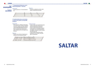 SALTAR
57FEDERAÇÃO PORTUGUESA DE ATLETISMO
CORRER
56 FEDERAÇÃO PORTUGUESA DE ATLETISMO
1. Transposição de Barreiras com 8
passos da partida à 1ª barreira
Organização:
›› Igual ao exercício n.º 2 do nível elemen-
tar.
Nível
avançado
Sequência
de ensino
2. Corrida de Barreiras com estrutu-
ra rítmica de 3 passos, com partida
de blocos
Organização:
›› Neste exercício, a distância entre barrei-
ras é sempre igual. Contudo, é desejável
continuar a proporcionar pelo menos 3
níveis de dificuldade diferenciados, de
forma a permitir que os alunos cum-
pram o objectivo de correr rápido entre
barreiras.
Objectivo:
›› Realizar uma corrida com barreiras, de
acordo com uma estrutura“formal”.
Objectivo:
›› Estruturar o padrão de corrida, mode-
lando o comprimento de passo.
Critérios de êxito:
›› O aluno realiza uma impulsão forte para
a frente, projectando a bacia para a
frente na transposição da barreira;
›› O aluno realiza a recuperação da perna
de impulsão, com o calcanhar próximo
da nádega e mantendo o joelho sempre
mais alto que o pé;
›› O aluno realiza movimentos antero-
posteriores com os braços, sem para-
gens e cruzamentos.
SALTAR
 