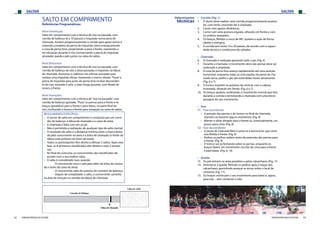 SALTAR SALTAR
62 63FEDERAÇÃO PORTUGUESA DE ATLETISMO FEDERAÇÃO PORTUGUESA DE ATLETISMO
SALTO EM COMPRIMENTO
Referências Programáticas:
Nível Introdução:
Salta em comprimento com a técnica de voo na passada, com
corrida de balanço (6 a 10 passos) e impulsão numa zona de
chamada. Acelera progressivamente a corrida para apoio activo e
extensão completa da perna de impulsão; eleva energicamente
a coxa da perna livre, projectando-a para a frente, mantendo-a
em elevação durante o voo (conservando a perna de impulsão
atrasada); queda a pés juntos na caixa de saltos.
Nível Elementar:
Salta em comprimento com a técnica de voo na passada, com
corrida de balanço de oito a doze passadas e impulsão na tábua
de chamada. Aumenta a cadência nas últimas passadas para
realizar uma impulsão eficaz, mantendo o tronco direito.“Puxa”a
perna de impulsão para junto da perna livre na fase descenden-
te do voo, tocando o solo, o mais longe possível, com flexão do
tronco à frente.
Nível Avançado:
Salta em comprimento com a técnica de“voo na passada”, com
corrida de balanço ajustada.“Puxa”as pernas para a frente e os
braços (paralelos) para a frente e para baixo, na parte final do
voo, inclinando o tronco à frente para recepção na caixa de saltos.
REGULAMENTO ESPECÍFICO:
›› O sector de salto em comprimento é composto por um corre-
dor de balanço, a tábua de chamada e a caixa de areia;
›› A chamada é feita com um só pé;
›› Não é permitido a realização de qualquer tipo de salto mortal;
›› O resultado do salto é a distância mínima entre a marca deixa-
da pelo concorrente na areia e a linha de chamada (o limite da
tábua mais próximo do fosso de areia);
›› Todos os participantes têm direito a efetuar 3 saltos. Após esta
fase, os 8 primeiros classificados têm direito a mais 3 tentati-
vas;
›› No final do concurso, os concorrentes são classificados de
acordo com o seu melhor salto;
›› O salto é considerado nulo quando:
		 - O concorrente toca o solo para além da linha de chama-
da e antes da caixa de areia;
		 - O concorrente salta do exterior do corredor de balanço;
		 - Depois de completado o salto, o concorrente caminha
na área de receção no sentido da tábua de chamada.
Determinantes
técnicas
›› Corrida: (Fig. 1)
1.	 O aluno deve realizar uma corrida progressivamente acelera-
da, com ritmo crescente até à chamada;
2.	 Correr com apoios dinâmicos;
3.	 Correr com uma postura erguida, olhando em frente e com
os ombros relaxados;
4.	 Os braços, fletidos a cerca de 90º, ajudam a ação de forma
rápida e enérgica;
5.	 A corrida tem entre 10 e 20 passos, de acordo com a capaci-
dade técnica e condicional do saltador.
›› Chamada:
6.	 A chamada é realizada apoiando todo o pé; (Fig. 6)
7.	 Durante a chamada, o movimento ativo das pernas deve ser
acelerado e ampliado;
8.	 A coxa da perna livre avança rapidamente até uma posição
horizontal, enquanto todas as articulações da perna de cha-
mada (anca, joelho e pé) são estendidas muito ativamente;
(Fig. 6 e 7)
9.	 O tronco mantém-se próximo da vertical, com a cabeça
levantada, olhando em frente; (Fig. 6 e 7)
10.	 Os braços ajudam, acelerando o movimento normal que têm
durante a corrida e terminando a chamada com uma breve
paragem do seu movimento.
›› Voo:
11.	 Fase ascendente:
›› A posição das pernas e do tronco no final da chamada,
mantém-se durante alguns momentos; (Fig. 8)
›› Manter o olhar dirigido para a frente ou, eventualmente, um
pouco para cima; (Fig. 8)
12.	 Fase descendente:
›› A perna de chamada flete e junta-se à perna livre, que conti-
nua fletida à frente; (Fig. 9)
›› Ambos os joelhos sobem antes da extensão das pernas para
a frente; (Fig. 9)
›› O tronco vai-se fechando sobre as pernas, enquanto os
braços fazem um movimento circular de cima para a frente
e para baixo. (Fig. 9, 10)
›› Queda:
13.	 Os pés entram na areia paralelos e pelos calcanhares; (Fig. 11)
14.	 Amortecer a queda, fletindo os joelhos após o toque dos
calcanhares, permitindo avançar as ancas sobre o local de
contacto; (Fig. 11)
15.	 Os braços continuam o seu movimento para baixo e, agora,
para trás – sem contactar o solo.
[1] [2] [3] [4] [5] [6] [7] [8] [9] [10] [11]
 