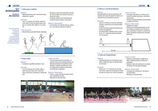 SALTAR SALTAR
68 69FEDERAÇÃO PORTUGUESA DE ATLETISMO FEDERAÇÃO PORTUGUESA DE ATLETISMO
1. Salto para o colchão
Objetivo:
›› Aperfeiçoamento dos movimentos que
preparam a queda.
Descrição:
›› Com 2 a 4 passos de corrida, saltar de
uma caixa (±10cm de altura) para cima
de um colchão alto (±80cm). Cai senta-
do.
Critérios de êxito:
›› Mantém fixa a posição final da chamada.
Sequência
de ensino
Nível
avançado
›› Recupera a perna de chamada a tempo
de cair sentado com ambas as pernas à
frente do corpo.
›› Os braços fazem um movimento des-
cendente para a frente e para baixo.
Material / Observações:
›› É necessário um colchão alto ou coloca-
do a uma altura suficiente (±80cm).
2. Super salto
Objetivo:
›› Controlar o equilíbrio durante o voo.
Descrição:
›› Com 6 a 8 passos de corrida, saltar a
partir de uma caixa com ±10cm de
altura, de forma a aumentar o tempo de
voo.
Critérios de êxito:
›› Fixa a posição final da chamada e re-
cupera a perna de chamada apenas na
fase descendente da trajetória, esten-
dendo e rodando os braços de cima
da cabeça para a frente e para baixo,
controlando o equilíbrio.
Material / Observações:
›› Caixa c/ ±10cm de altura e pelo menos
com ±60x60cm de lado.
›› Receção na caixa de areia.
No nível avançado,
sem descorar
os aspectos
fundamentais
na ligação
corrida-impulsão,
acrescentase agora
a aprendizagem da
queda e a marcação
da corrida de balanço.
4. Salto em Comprimento
Objetivo:
›› Aperfeiçoamento do movimento com-
pleto, utilizando uma corrida de balan-
ço marcada.
Descrição:
›› Saltar com 12 a 14 passos de corrida,
com início a pé fixo e chamada na tábua
de salto (ou linha com 20cm de largura).
3. Marcar a corrida de balanço
Objetivo:
Aprendizagem do ritmo progressivo da
corrida. Ser capaz de repetir a mesma cor-
rida de forma consistente e precisa.
Descrição:
›› Iniciar a corrida com o pé de chamada
à frente, a partir de um local pré-deter-
minado;
›› Correr de forma progressivamente ace-
lerada e equilibrada.
›› Um observador (colega) marca o local
do 6º ou 7º apoio do pé de chamada
(12/14 passos).
Critérios de êxito:
›› Consegue reproduzir a corrida com o
mesmo número de passos e de forma
consistente.
›› Acelera progressivamente aumentando
a cadência no final.
Material / Observações:
›› Trabalho em pares.
›› Depois da corrida regularizada, os alu-
nos medem a distância da corrida em
pés e transferem-na para o corredor de
saltos (medindo da tábua de chamada
para trás).
Critérios de êxito:
›› Acelera, aumentando a cadência no
final e impulsionando na tábua de
chamada.
›› Realiza o salto de acordo com os objeti-
vos deste nível de aprendizagem.
Material / Observações:
›› Limitação da corrida ao nº de passos
recomendado.
›› Receção na caixa de areia.
Salto em Comprimento, comTécnica de salto na passada e c/ 12-14 passos de corrida de balanço
 