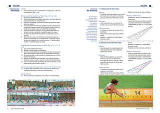 SALTAR SALTAR
72 73FEDERAÇÃO PORTUGUESA DE ATLETISMO FEDERAÇÃO PORTUGUESA DE ATLETISMO
Sequência
de ensino
Na abordagem
do triplo salto é
fundamental centrar
a aprendizagem
nos aspectos
fundamentais
para realizar uma
impulsão (salto),
cuja particularidade
é a introdução de
chamadas sucessivas
com o mesmo apoio
(“hop – pé coxinho”),
numa sequência pré-
determinada (hop-
step-jump).
1. Combinação de hop-steps
Objetivo:
›› Combinar saltos alternados e sucessivos
sem rutura no ritmo nem na estrutura
da ação, utilizando referenciais visuais.
Descrição:
›› Saltar apoiando um ou outro pé, de
acordo com a cor do referencial visual.
Critérios de êxito:
›› Coordena os apoios de acordo com o
solicitado.
›› Desenrola os apoios por toda a planta
do pé.
›› Mantém o equilíbrio e a velocidade
durante a ação.
›› Mantém um ritmo de salto uniforme.
››
Material / Observações:
›› Obstáculos, arcos ou sinalizadores de
duas cores.
›› Usar distâncias que permitam aumen-
tar progressivamente a intensidade e
a dificuldade de salto (1,5 a 2,5m entre
apoios).
Corrida:
1.	 De uma forma geral, é semelhante á corrida para o salto em
comprimento; (Fig. 1 e 2)
Primeiro salto (“pé-coxinho”ou“hop”): (Fig. 3, 4, 5, 6, 7 e 8)
2.	 O pé apoia totalmente; (Fig. 3)
3.	 Tentar não perder velocidade,“passando”mais pela tábua de
chamada do que no comprimento;
4.	 Durante a chamada, o movimento ativo das pernas é acele-
rado e ampliado;
5.	 A coxa da perna livre avança rapidamente até uma posição
horizontal, enquanto todas as articulações da perna de cha-
mada (anca, joelho e pé) são estendidas ativamente;
6.	 O tronco mantém-se vertical, com a cabeça levantada e o
olhar em frente, mantendo o equilíbrio geral do corpo;
7.	 Os braços ajudam de forma rápida e coordenada com as
pernas;
8.	 Após deixar o solo, o movimento de corrida prolonga-se,
dando uma passada no ar e preparando a chamada seguin-
te que será realizada com a mesma perna – é fundamental
manter o equilíbrio geral do corpo;
Segundo salto (“passada saltada”ou“step”): (Fig. 9, 10, 11, 12, 13
e 14)
9.	 O pé apoia totalmente; (Fig. 7)
10.	 Manter o corpo rígido e equilibrado;
11.	 Acelerar o movimento de cruzamento das pernas durante o
apoio, para melhor conservação da velocidade horizontal;
12.	 Os braços ajudam de forma ativa e coordenada com o movi-
mento das pernas;
13.	 Manter a posição final da chamada, com o joelho fletido à
frente do corpo e a perna que fez o salto descontraída atrás;
14.	 O tronco deve manter-se próximo da vertical durante o voo,
preparando o último salto (“jump”);
Terceiro salto (salto ou“jump”): (Fig. 15, 16, 17, 18, 19, 20, 21 e 22)
15.	 O último salto é realizado com a outra perna, de forma se-
melhante à descrita no salto em comprimento;
Queda: (Fig. 22)
16.	 Tem características idênticas às do salto em comprimento.
Determinantes
técnicas
2. Sequências de ritmo de triplo
Objetivo:
›› Aprendizagem da coordenação e do
ritmo específico do salto, utilizando
referenciais visuais.
Descrição:
›› Salta de forma idêntica ao exercício
anterior, mas com os referenciais
colocados de forma a realizar o ritmo
específico dos apoios no triplo salto
(EED ou DDE).
Critérios de êxito:
›› Coordena os apoios de acordo com a
sequência solicitada.
›› Desenrola os apoios por toda a planta
do pé.
›› Mantém o equilíbrio e a velocidade
durante a ação.
›› Mantém um ritmo de salto uniforme.
Material / Observações:
›› Arcos ou sinalizadores de duas cores.
›› Usar distâncias que permitam aumen-
tar progressivamente a intensidade e
a dificuldade de salto (1,75 a 3m entre
apoios).
[1] [2] [3] [4] [5] [6] [7] [8] [9] [10] [11] [12]
[13] [14] [15] [16] [17] [18] [19] [20] [21] [22]
 