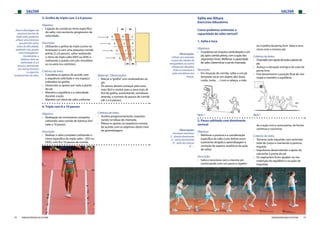 SALTAR SALTAR
74 75FEDERAÇÃO PORTUGUESA DE ATLETISMO FEDERAÇÃO PORTUGUESA DE ATLETISMO
4. Triplo com 8 a 10 passos
Objetivo:
›› Realização do movimento completo,
utilizando uma corrida de balanço limi-
tada a 10 passos.
Descrição:
›› Realizar o salto completo (utilizando o
ritmo específico do triplo salto – EED ou
DDE), com 8 a 10 passos de corrida.
3. Grelha de triplo com 2 a 6 passos
Objetivo:
›› Ligação da corrida ao ritmo específico
do salto, com aumento progressivo da
velocidade.
Descrição:
›› Utilizando a grelha do triplo (como na
ilustração) e com uma pequena corrida
prévia (2 a 6 passos), saltar realizando
o ritmo do triplo salto (EED ou DDE) e
realizando a queda com pés simultâne-
os na areia (ou colchões).
Critérios de êxito:
›› Coordena os apoios de acordo com
a sequência solicitada e nos espaços
indicados na grelha.
›› Desenrola os apoios por toda a planta
do pé.
›› Mantém o equilíbrio e a velocidade
durante a ação.
›› Mantém um ritmo de salto uniforme.
Material / Observações:
›› Marcar a“grelha”com sinalizadores ou
giz.
›› Os alunos devem começar pela zona
mais fácil e evoluir para a zona mais di-
fícil da grelha, aumentando, simultane-
amente, o número de passos de corrida
(de 2 a 6 passos).
Para a abordagem da
estrutura técnica do
triplo salto, podemos
utilizar uma estrutura
que permite vários
níveis de dificuldade,
podendo criar grupos
mais homogéneos.
Inicialmente, o
balanço deve ser
delimitado (2 a 6
passos), permitindo
aos alunos focarem
os aspectos
fundamentais do salto.
Critérios de êxito:
›› Acelera progressivamente, impulsio-
nando na tábua de chamada.
›› Efetua os apoios na sequência correta,
de acordo com os objetivos deste nível
de aprendizagem.
2. Passo saltitado com dominante
vertical
Objetivo:
›› Melhorar a postura e a coordenação
específica de salto (com ênfase even-
tualmente dirigida à aprendizagem e
correção de aspetos analíticos da ação
de salto);
Descrição:
›› Salta e receciona com o mesmo pé,
continuando com um passo e repetin-
Salto em Altura
Exercícios Educativos
Como podemos estimular a
capacidade de salto vertcal?
1. Salta e toca
Objetivos:
›› Coordenar um impulso verticalizado a um
pé, após corrida prévia, com a ação dos
segmentos livres. Melhorar a capacidade
de salto; Determinar o pé de chamada.
	
Descrição:
›› Em situação de corrida, saltar a um pé
tentando tocar um objeto alto (bola,
corda, cesto, …) com a cabeça, a mão
ou o joelho da perna livre. Salta e rece-
ciona com o mesmo pé;
Critérios de êxito:
›› Chamadacomapoiodetodaaplantado
pé.
›› Avanço e elevação enérgica da coxa da
perna livre.
›› Fixa brevemente a posição final de cha-
mada e mantém o equilíbrio.
Opção 1 Opção 2
do a ação com a outra perna, de forma
contínua e sucessiva;
Critérios de êxito:
›› Termina cada impulsão com extensão
total do corpo e mantendo a postura
erguida.
›› Impulsiona desenrolando o apoio do
calcanhar à ponta do pé.
›› Os segmentos livres ajudam na ma-
nutenção do equilíbrio e na ação de
impulsão.
Observações:
Utilizar, por exemplo,
a zona das tabelas de
basquetebol, ou outros
referenciais elevados;
Pode-se introduzir a
ação simultânea dos
braços.
Observações:
Introduzir variantes:
1) - direção dominante;
2) - perna dominante;
3) - ação dos braços;
4) …
 