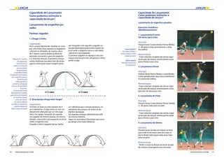 LANÇAR LANÇAR
90 91FEDERAÇÃO PORTUGUESA DE ATLETISMO FEDERAÇÃO PORTUGUESA DE ATLETISMO
Capacidade de Lançamento
Como podemos estimular a
capacidade de lançar?
Lançamento de engenhos pe-
sados
Formas Jogadas
1. Chegar à linha
Organização:
Num campo delimitado, dividido ao meio
por uma linha, duas equipas ou jogadores
colocam-se afastados da mesma cerca
de 5 metros cada (a distância deve ser
ajustada consoante o peso do engenho
e o nível dos alunos). O primeiro a lançar
a bola medicinal (ou peso) tem de tentar
passar a linha pela maior margem possí-
vel, lançando-a de seguida o jogador ou
equipa adversária exatamente a partir do
local onde o engenho tocou o solo (deve
colocar lá o pé esquerdo).
O primeiro jogador ou equipa a não con-
seguir num lançamento ultrapassar a linha
perde o jogo.
2. Que equipa chega mais longe?
Organização:
Formam-se duas ou mais equipas de 4
ou 5 elementos. O jogo inicia-se com um
lançamento efetuado por um dos joga-
dores da equipa, lançando de seguida
um jogador da mesma equipa, na mesma
direção, colocando o pé esquerdo no locar
onde o engenho caiu.
Quando o último jogador lançar, define-
se a distância que a equipa alcançou, no
somatório dos ensaios de todos os ele-
mentos da equipa.
De seguida a equipa adversária procede
da mesma maneira.
Sagra-se vencedora a formação que consi-
ga atingir uma maior distância.
Atenção às normas
de segurança
(transversais a
todas as situações
que envolvam
lançamentos):
• O professor deve
coordenar o transporte
dos engenhos para o
local de aula;
• Não permitir a
presença de alunos
na zona de queda do
engenho;
• O aluno que lança
deve verificar sempre,
que não está ninguém
no local de queda,
antes de lançar;
• Os alunos devem
recolher os engenhos
apenas depois de
todos terem lançado.
Capacidade de Lançamento
Como podemos estimular a
capacidade de lançar?
Lançamento de engenhos pesados
Exercícios Analíticos
(Multilançamentos)
1. Lançamento Frontal
(de baixo para cima)
Descrição:
Posição Inicial: Costas direitas; Pernas fletidas
(+- 90 graus) e bola sensivelmente a meio
dos joelhos
Movimentação:
- Fazer extensão completa das pernas segui-
da da ação dos braços, arremessando a bola
para a frente e para cima. 	
2. Lançamento Dorsal
Descrição:
Posição Inicial: Pernas fletidas, costas direitas
e bola apoiada pelas duas mãos sensivelmen-
te à altura dos joelhos.
Movimentação:
- Fazer extensão completa das pernas segui-
da da ação dos braços, arremessando a bola
para trás, de baixo para cima.
	
3. Lançamento do Peito
Descrição:
Posição Inicial: Costas direitas; Pernas Fletidas
(+- 90 graus); bola junto ao peito.
Movimentação:
- Fazer extensão completa das pernas, segui-
da da ação dos braços, arremessando a bola
para a frente e para cima.	
4. Lançamento de Ombro
Descrição:
Posição Inicial: De lado em relação ao local
para onde se vai lançar; peso do corpo na
perna direita; bola segura pelas duas mãos
junto ao peito.
Movimentação:
- Rodar o corpo na direção do sector de que-
da e lançar a bola apenas com uma mão;
Como utilizar?
Aos pares, frente a
frente, lançar o mais
longe possível.
Observações:
Atenção às normas
de segurança.
 