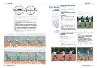 LANÇAR LANÇAR
94 95FEDERAÇÃO PORTUGUESA DE ATLETISMO FEDERAÇÃO PORTUGUESA DE ATLETISMO
Arremesso:
1.	 O atleta passa pela posição de força com o peso do corpo na
perna direita (fletida); (Fig.4 e 5)
2.	 Os ombros mantêm-se paralelos à antepara e o olhar para o
local oposto ao sector de queda; (Fig. 4)
3.	 De seguida deve haver uma rotação da bacia na direção do
lançamento, que termina frontalizada para o sector de que-
da; (Fig. 5,6 e 7)
4.	 Ao mesmo tempo que a bacia direita roda o lado esquerdo
(perna, anca e braço) resiste, bloqueando o movimento; (Fig.
7)
5.	 Após a ação das pernas e do tronco o movimento termina
com uma extensão agressiva do braço lançador; (Fig. 5, 6, 7
e 8)
6.	 Os pés devem ficar no solo até o atleta perder o contacto
com o engenho; (Fig. 8)
2. Lançamento Frontal com pés
destacados
Objetivos Específicos:
›› Utilização dos membros inferiores nos
lançamentos pesados
››
Critérios de êxito:
›› Utilizar as pernas e tronco antes do(s)
braço(s);
›› Finalizar com perna esquerda em exten-
são; 	
Descrição:
›› Posição Inicial: Pé esquerdo à frente do
pé direito, e peso do corpo sobretudo
na perna direita;
›› Movimentação: Passar o corpo para
cima da perna esquerda e após termi-
nar de utilizar as pernas e o tronco fazer
extensão do(s) braço(s);
›› Posição Final: Costas direitas, perna
esquerda em extensão e ambos os pés
em contacto com o solo.
Opção 1 Opção 2
Lançamento do peso, de lado,
sem balanço
1. Lançamento com pés paralelos
Objetivos Específicos:
›› Estabilização da pega e ação do braço
lançador
Critérios de êxito:
›› Utilizar as pernas e tronco antes do
braço;
›› Terminar o lançamento com o braço
direito em extensão e com a palma da
mão lançadora voltada para fora
Descrição:
›› Posição Inicial: Pés paralelos, pernas
fletidas e tronco inclinado atrás. Braço
esquerdo a apontar para o sector de
queda.
›› Movimentação: arremessar o peso com
a mão dominante após fazer a extensão
Nível
introdução
Sequência
de ensino
das pernas.
›› Posição Final: Costas direitas e pés em
contacto com o solo
Material:
Pesos ou Bolas
Medicinais
Na abordagem do
lançamento do peso,
no nível de introdução
é fundamental centrar
a aprendizagem nas
acções de propulsão
do engenho,
utilizando o corpo de
forma progressiva, dos
membros inferiores
para os superiores,
com os apoios numa
posição correcta
e empurrando o
engenho.
[1] [2] [3] [4]
[5] [6] [7] [8]
 