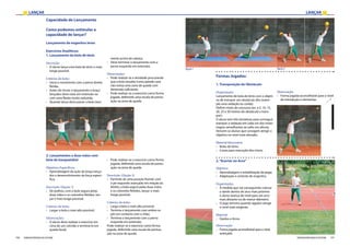 LANÇAR LANÇAR
100 101FEDERAÇÃO PORTUGUESA DE ATLETISMO FEDERAÇÃO PORTUGUESA DE ATLETISMO
Capacidade de Lançamento
Como podemos estimular a
capacidade de lançar?
Lançamento de engenhos leves
Exercícios Analíticos:
1. Lançamento da bola de ténis
Descrição:
›› O aluno lança uma bola de ténis o mais
longe possível.
Critérios de êxito:
›› Inicia o movimento com a perna direita
fletida.
›› Antes de iniciar o lançamento o braço
lançador deve estar em extensão ou
com uma flexão muito reduzida;
›› Quando lança deve passar a bola clara-
mente acima da cabeça;
›› Deve terminar o lançamento com a
perna esquerda em extensão;
Observações:
›› Pode realizar-se a atividade procurando
que a bola ressalte numa parede caso
não exista uma zona de queda com
dimensão suficiente;
›› Pode realizar-se o exercício como forma
jogada, definindo uma escala de pontu-
ação na zona de queda
2. Lançamentos a duas mãos com
bola de basquetebol
Objetivos Específicos:
›› Aprendizagem da ação do braço lança-
dor e desenvolvimento da força especí-
fica;	
	
Descrição: (Opção 1)
›› De joelhos, com a bola segura pelas
duas mãos e os cotovelos fletidos, lan-
çar o mais longe possível;
Critérios de êxito:
›› Largar a bola o mais alto possível;
Observações:
›› O aluno deve realizar o exercício em
cima de um colchão e terminá-lo em
queda facial;
›› Pode realizar-se o exercício como forma
jogada, definindo uma escala de pontu-
ação na zona de queda	
Descrição: (Opção 2)
›› Partindo de uma posição frontal, com
o pé esquerdo avançado em relação ao
direito, a bola segura pelas duas mãos
e os cotovelos fletidos, lançar o mais
longe possível;
Critérios de êxito:
›› Larga a bola o mais alto possível;
›› Termina o lançamento com ambos os
pés em contacto com o chão;
›› Termina o lançamento com a perna
esquerda em extensão;
Pode realizar-se o exercício como forma
jogada, definindo uma escala de pontua-
ção na zona de queda
Formas Jogadas:
1. Transposição do Obstáculo
Organização:
Lançamento de bola de ténis com o objeti-
vo de transpor um obstáculo alto (exem-
plo uma vedação ou corda);
Definir níveis do concurso (ex. a 5, 10, 15,
20, 25 e 30 metros do obstáculo a trans-
por);
O aluno tem três tentativas para conseguir
transpor a vedação em cada um dos níveis
(regras semelhantes ao salto em altura);
Vencem os alunos que consigam atingir o
objetivo no nível mais elevado;
Material Necessário:
›› Bolas de ténis;
›› Cones para marcação dos níveis;	
2.“Acertar no Arco”
Objetivo:
›› Aprendizagem e estabilização da pega;
›› Adaptação e controlo do engenho;
Organização:
›› À medida que vai conseguindo colocar
o dardo dentro do arco mais próximo
o aluno avança de nível para um arco
mais distante ou de menor diâmetro.
›› O jogo termina quando alguém atingir
o nível mais exigente.
Material:
›› Dardos e Arcos
Observação:
›› Forma jogada aconselhável para o nível
avançado.
Observação:
›› Forma jogada aconselhável para o nível
de introdução e elementar.
Opção 1 Opção 2
 