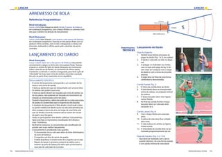 LANÇAR LANÇAR
102 103FEDERAÇÃO PORTUGUESA DE ATLETISMO FEDERAÇÃO PORTUGUESA DE ATLETISMO
ARREMESSO DE BOLA
Referências Programáticas:
Nível Introdução:
Lança a bola (tipo hóquei ou ténis) dando 3 passos de balanço
em aceleração progressiva, com o braço fletido e o cotovelo mais
alto que o ombro (na direção do lançamento).
Nível Elementar:
Lança a bola (tipo hóquei), com quatro a sete passos de balanço
em aceleração progressiva. Executa os três passos finais com os
apoios e ritmo corretos, com a mão à retaguarda e o braço em
extensão, realizando o último apoio pelo calcanhar da perna
contrária.
LANÇAMENTO DO DARDO
Nível Avançado:
Lança o dardo, após seis a dez passos de balanço, executando
corretamente a pega e o ritmo dos cinco passos finais. Avança
a bacia e o ombro do lado do dardo (bloqueio do movimento
sobre o eixo do pé da frente), no momento do último apoio,
mantendo o cotovelo e o dardo à retaguarda, para forte ação de
“chicotada”do braço (por cima do ombro), trocando a posição
dos pés na parte final, mantendo-se em equilíbrio.
REGULAMENTO ESPECÍFICO:
›› O sector de lançamento corresponde a um corredor de ba-
lanço e uma zona de queda;
›› A bola ou dardo tem que ser empunhado com uma só mão;
›› Os atletas não podem usar luvas;
›› A bola ou dardo devem ser lançados por cima do ombro, ou
do seu plano, não podendo ser lançada em movimento de
rotação ou arremessada como um peso;
›› Duranteolançamento,oatletanãopodevirarascostasparaaárea
dequeda;sóopoderáfazerapósoengenhotersidolançado;
›› A medição do lançamento é feita desde o local onde a bola
ou ponta metálica do dardo tocou no solo pela primeira vez,
até à margem interna do arco, ao longo de uma linha reta
que vai desde o local do contacto até ao centro do círculo
do qual o arco faz parte.
›› Todos os participantes têm direito a efetuar 3 lançamentos.
Após esta fase, os 8 primeiros classificados têm direito a
mais 3 tentativas;
›› No final do concurso, os concorrentes são classificados de
acordo com o seu melhor lançamento;
›› O lançamento é considerado nulo quando:
›› O concorrente toca o solo para além da linha delimitadora
da zona de balanço;
›› O engenho cair fora do sector de queda;
›› Oatletaabandonarocorredorantesdeoengenhocairnosolo;
›› Depois de lançar, o primeiro contacto do atleta com o
exterior da pista de balanço for feito após a linha branca
marcada de cada lado do corredor;
Lançamento do Dardo
Pega do Engenho
1.	 Existem duas formas principais de
pegar no dardo (Fig. 1 e 2), em ambas:
2.	 O dardo é colocado na mão na diago-
nal;
3.	 O polegar e o indicador (ou médio,
caso se opte pela pega da fig. 2) de-
vem estar em contacto com o corpo
do dardo e com o início do encordo-
amento.
4.	 A pega deve ser feita de uma forma
confortável e descontraída.
Corrida Frontal: (Fig. 3)
5.	 O ritmo da corrida deve ser lento;
6.	 A bola/dardo deve ser transportado
acima da cabeça, na projeção vertical
do ombro;
7.	 O braço lançador deve estar ligeira-
mente fletido;
8.	 No final da corrida frontal o braço
lançador deve ser colocado atrás
iniciando-se a:
Corrida Lateral: (Fig. 4)
9.	 Com o braço direito em extensão
atrás;
10.	 A palma da mão deve ficar voltada
para cima;
11.	 A mão à altura do ombro ou ligeira-
mente acima;
12.	 A velocidade da corrida deve ser au-
mentada progressivamente até ao:
Passo de Impulso: (Fig. 5, 6, 7 e 8)
›› Que deve ser realizado com o pé es-
querdo (destros), de uma forma rasante
e com perda mínima de velocidade
Determinantes
técnicas
[1] [2]
[3]
[4]
 