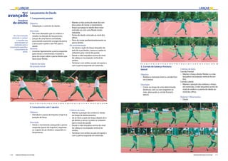 LANÇAR LANÇAR
110 111FEDERAÇÃO PORTUGUESA DE ATLETISMO FEDERAÇÃO PORTUGUESA DE ATLETISMO
Lançamento do Dardo
1. Lançamento parado
Objetivo:
›› Adaptação e controlo do dardo;
Descrição:
›› Pés mais afastados que os ombros e
virados na direção do lançamento;
›› Lançar de uma forma controlada,
procurando transmitir energia da perna
e anca para o peito e por fim para o
dardo.
Variante:
›› Levantar ligeiramente a perna esquerda
para iniciar o movimento e manter o
peso do corpo sobre a perna direita que
deve estar fletida.
Critérios de êxito:
Na posição inicial:
Nível
avançado
Sequência
de ensino
No nível avançado
pretende-se realizar
o transfere das
aprendizagens já
realizadas para o
lançamento específico,
o lançamento do
dardo.
›› Manter a mão acima do nível dos om-
bros antes de iniciar o movimento;
›› Braço que pega no dardo deve estar
esticado ou com uma flexão muito
reduzida;
›› Ponta do dardo colocada ao nível dos
olhos;
›› Peso do corpo predominantemente na
perna direita.
Na movimentação:
›› Só iniciar a ação do braço lançador de-
pois de o pé direito, a anca e o peito se
voltarem para o local de queda;
›› Passar a mão lançadora acima do nível
da cabeça e na projeção vertical do
ombro.
›› Terminar com ambos os pés em apoio e
com a perna esquerda em extensão.
2. Lançamento com 3 apoios
Objetivo:
›› Introduzir o passo de impulso e ligá-lo à
posição de força.
Descrição:
›› Iniciar o movimento avançando a perna
esquerda (passo de impulso), seguindo-
se o apoio do pé direito e esquerdo e o
lançamento.
Critérios de êxito:
›› Manter a posição dos ombros e dardo
ao longo do deslocamento;
›› Só se inicia a ação do braço depois de o
pé direito, a anca e o peito se voltarem
para o local de queda;
›› Passar a mão lançadora acima do nível
da cabeça e na projeção vertical do
ombro.
›› Terminar com ambos os pés em apoio e
com a perna esquerda em extensão.
3. Corrida de balanço frontal e
lateral
Objetivo:
›› Realizar a transição entre a corrida fron-
tal e lateral;
Descrição:
›› Correr ao longo de uma determinada
distância, com ou sem engenho na
mão, alternando a corrida frontal e
lateral;
Critérios de êxito:
Corrida Frontal:
›› Manter o braço direito fletido e a mão
lançadora na projeção vertical do om-
bro;
Corrida Lateral:
›› Manter a posição dos ombros, o braço
em extensão, a mão lançadora acima do
nível do ombro e a ponta do dardo ao
nível dos olhos;
Material / Observações:
›› Dardo
 