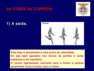 As FASES da CORRIDA:As FASES da CORRIDA:
1) A saída.
Esta fase é semelhante a uma prova de velocidade.
Os pés bem apoiados nos blocos de partida e saída
explosiva e em equilíbrio.
O tronco ligeiramente inclinado para a frente e joelhos
igualmente direccionados para a frente....
 