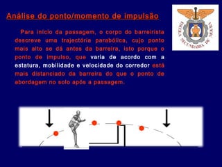 Análise do ponto/momento de impulsãoAnálise do ponto/momento de impulsão
Para início da passagem, o corpo do barreirista
descreve uma trajectória parabólica, cujo ponto
mais alto se dá antes da barreira, isto porque o
ponto de impulso, que varia de acordo com a
estatura, mobilidade e velocidade do corredor está
mais distanciado da barreira do que o ponto de
abordagem no solo após a passagem.
 
