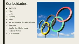 Curiosidades
■ SÍMBOLOS
 Hino
 Anéis
 Bandeira
 Lema
 Percurso mundial da tocha olímpica
 Mascotes
 Escolha das cidades-sedes
 Cartazes oficiais
 Vilas olímpicas
 