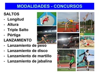 MODALIDADES - CONCURSOS SALTOS Longitud  Altura Triple Salto Pértiga LANZAMIENTO Lanzamiento de peso Lanzamiento de disco Lanzamiento de martillo Lanzamiento de jabalina 