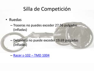 Silla de CompeticiónRuedasTraseras no puedes exceder 27.56 pulgadas (infladas)Delantera no puede exceder 19.69 pulgadas (infladas)Racer s-102 – TMD 1004
