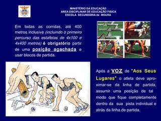 MINISTÉRIO DA EDUCAÇÃO
AREA DISCIPLINAR DE EDUCAÇÃO FISICA
ESCOLA SECUNDÁRIA de MOURA
Após a vozvoz de “Aos Seus
Lugares” o atleta deve apro-
ximar-se da linha de partida,
assumir uma posição de tal
modo que fique completamente
dentro da sua pista individual e
atrás da linha de partida.
Em todas as corridas, até 400
metros inclusive (incluindo o primeiro
percurso das estafetas de 4x100 e
4x400 metros) é obrigatório partir
de uma posição agachada e
usar blocos de partida.
 