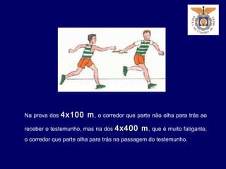 Na prova dos 4x100 m, o corredor que parte não olha para trás ao
receber o testemunho, mas na dos 4x400 m4x400 m, que é muito fatigante,
o corredor que parte olha para trás na passagem do testemunho.
 