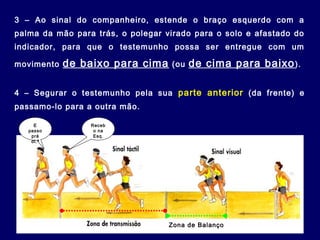 3 – Ao sinal do companheiro, estende o braço esquerdo com a
palma da mão para trás, o polegar virado para o solo e afastado do
indicador, para que o testemunho possa ser entregue com um
movimento de baixo para cima (ou de cima para baixo).
4 – Segurar o testemunho pela sua parte anterior (da frente) e
passamo-lo para a outra mão.
Receb
o na
Esq.
E
passo
prá
dt.ª
Zona de Balanço
 