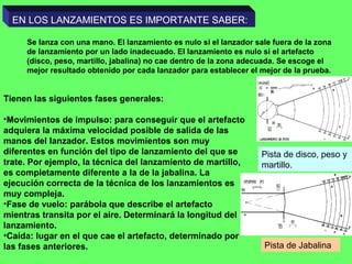 EN LOS LANZAMIENTOS ES IMPORTANTE SABER:
Se lanza con una mano. El lanzamiento es nulo si el lanzador sale fuera de la zona
de lanzamiento por un lado inadecuado. El lanzamiento es nulo si el artefacto
(disco, peso, martillo, jabalina) no cae dentro de la zona adecuada. Se escoge el
mejor resultado obtenido por cada lanzador para establecer el mejor de la prueba.
Tienen las siguientes fases generales:
•Movimientos de impulso: para conseguir que el artefacto
adquiera la máxima velocidad posible de salida de las
manos del lanzador. Estos movimientos son muy
diferentes en función del tipo de lanzamiento del que se
trate. Por ejemplo, la técnica del lanzamiento de martillo,
es completamente diferente a la de la jabalina. La
ejecución correcta de la técnica de los lanzamientos es
muy compleja.
•Fase de vuelo: parábola que describe el artefacto
mientras transita por el aire. Determinará la longitud del
lanzamiento.
•Caída: lugar en el que cae el artefacto, determinado por
las fases anteriores.
Pista de disco, peso y
martillo.
Pista de Jabalina
 