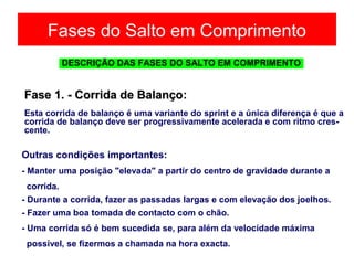 Fases do Salto em Comprimento
Outras condições importantes:
- Manter uma posição "elevada" a partir do centro de gravidade durante a
corrida.
- Durante a corrida, fazer as passadas largas e com elevação dos joelhos.
- Fazer uma boa tomada de contacto com o chão.
- Uma corrida só é bem sucedida se, para além da velocidade máxima
possível, se fizermos a chamada na hora exacta.
DESCRIÇÃO DAS FASES DO SALTO EM COMPRIMENTO
Fase 1. - Corrida de BalançoFase 1. - Corrida de Balanço:
Esta corrida de balanço é uma variante do sprint e a única diferença é que a
corrida de balanço deve ser progressivamente acelerada e com ritmo cres-
cente.
 