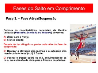Fases do Salto em Comprimento
Embora as características dependam da técnica
utilizada (Passada; Extensão ou Tesoura) devemos:
A) Olhar para a frente,
B) Tronco direito;
Depois de ter atingido o ponto mais alto da fase de
suspensão:
C) Realizar a elevação dos joelhos e a extensão dos
membros inferiores (m.i.) à frente;
D) Fechar o tronco sobre os m.i., movimentando os
m. s. em extensão de cima para a frente e para baixo.
Fase 3. – Fase Aérea/SuspensãoFase 3. – Fase Aérea/Suspensão
 
