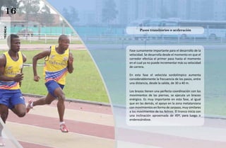 16
técnica




                 Pasos transitorios o aceleración




          Fase sumamente importante para el desarrollo de la
          velocidad. Se desarrolla desde el momento en que el
          corredor efectúa el primer paso hasta el momento
          en el cual ya no puede incrementar más su velocidad
          de carrera.

          En esta fase el velocista sordolímpico aumenta
          considerablemente la frecuencia de los pasos, entre
          una distancia, desde la salida, de 30 a 40 m.

          Los brazos tienen una perfecta coordinación con los
          movimientos de las piernas, se ejecuta un braceo
          enérgico. Es muy importante en esta fase, al igual
          que en las demás, el apoyo en la zona metatarsiana
          con movimientos en forma de zarpazo, muy similares
          a los movimientos de los felinos. El tronco inicia con
          una inclinación aproximada de 45º, para luego ir
          enderezándose.
 