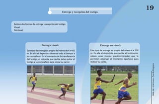 Entrega y recepción del testigo.
                                                                                                                                 19
Existen dos formas de entrega y recepción del testigo:
Visual
No visual




                            Entrega visual:                                           Entrega no visual:

             Este tipo de entrega es propio del relevo de 4 x 400           Este tipo de entrega es propio del relevo 4 x 100
             m. En ella el deportista observa todo el tiempo a              m. En ella el deportista que recibe el testimonio,
             su compañero. En el momento de la transferencia                coloca unas marcas predeterminadas que le
             del testigo, el relevista que recibe debe quitar el            permiten observar el momento oportuno para
             testigo a su compañero para iniciar su carrer.                 realizar su salida.




                                                                                                                                  Atletismo Sordolímpico
                                                                                                                                       guía de
 