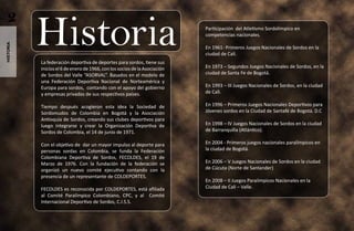 Historia
  2                                                                         Participación del Atletismo Sordolímpico en
                                                                            competencias nacionales.
historia




                                                                            En 1961- Primeros Juegos Nacionales de Sordos en la
                                                                            ciudad de Cali.
           La federación deportiva de deportes para sordos, tiene sus
           inicios el 6 de enero de 1966, con los socios de la Asociación   En 1973 – Segundos Juegos Nacionales de Sordos, en la
           de Sordos del Valle “ASORVAL”. Basados en el modelo de           ciudad de Santa Fe de Bogotá.
           una Federación Deportiva Nacional de Norteamérica y
           Europa para sordos, contando con el apoyo del gobierno           En 1993 – III Juegos Nacionales de Sordos, en la ciudad
           y empresas privadas de sus respectivos países.                   de Cali.

           Tiempo después acogieron esta idea la Sociedad de                En 1996 – Primeros Juegos Nacionales Deportivos para
           Sordomudos de Colombia en Bogotá y la Asociación                 Jóvenes sordos en la Ciudad de Santafé de Bogotá. D.C
           Antioquia de Sordos, creando sus clubes deportivos para
           luego integrarse y crear la Organización Deportiva de            En 1998 – IV Juegos Nacionales de Sordos en la ciudad
           Sordos de Colombia, el 14 de junio de 1971.                      de Barranquilla (Atlántico).

           Con el objetivo de dar un mayor impulso al deporte para          En 2004 - Primeros juegos nacionales paralímpicos en
           personas sordas en Colombia, se funda la Federación              la ciudad de Bogotá.
           Colombiana Deportiva de Sordos, FECOLDES, el 19 de
           Marzo de 1976. Con la fundación de la federación se              En 2006 – V Juegos Nacionales de Sordos en la ciudad
           organizó un nuevo comité ejecutivo contando con la               de Cúcuta (Norte de Santander)
           presencia de un representante de COLDEPORTES.
                                                                            En 2008 – II Juegos Paralímpicos Nacionales en la
           FECOLDES es reconocida por COLDEPORTES, está afiliada            Ciudad de Cali – Valle.
           al Comité Paralímpico Colombiano, CPC, y al Comité
           Internacional Deportivo de Sordos, C.I.S.S.
 