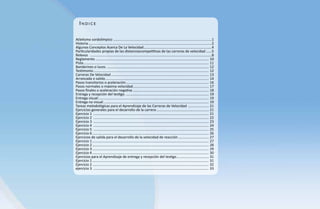 INdICe


Atletismo sordolímpico ....................................................................................................1
Historia .............................................................................................................................2
Algunos Conceptos Acerca De La Velocidad .....................................................................4
Particularidades propias de las distanciascompetitivas de las carreras de velocidad ......5
Relevos ...........................................................................................................................8
Reglamento ................................................................................................................... 10
Pista ............................................................................................................................... 11
Banderines o luces. ....................................................................................................... 12
Testimonio ..................................................................................................................... 12
Carreras De Velocidad ................................................................................................... 13
Arrancada o salida ......................................................................................................... 14
Pasos transitorios o aceleración .................................................................................... 16
Pasos normales o máxima velocidad ............................................................................. 17
Pasos finales o aceleración negativa ............................................................................. 18
Entrega y recepción del testigo. .................................................................................... 19
Entrega visual: ............................................................................................................... 19
Entrega no visual: .......................................................................................................... 19
Tareas metodológicas para el Aprendizaje de las Carreras de Velocidad ..................... 21
Ejercicios generales para el desarrollo de la carrera ..................................................... 21
Ejercicio 1 ..................................................................................................................... 21
Ejercicio 2 ..................................................................................................................... 22
Ejercicio 3 ..................................................................................................................... 23
Ejercicio 4 ..................................................................................................................... 24
Ejercicio 5 ..................................................................................................................... 25
Ejercicio 6 ...................................................................................................................... 26
Ejercicios de salida para el desarrollo de la velocidad de reacción ............................... 27
Ejercicio 1 ...................................................................................................................... 27
Ejercicio 2 ...................................................................................................................... 28
Ejercicio 3 ...................................................................................................................... 29
Ejercicio 4 ...................................................................................................................... 30
Ejercicios para el Aprendizaje de entrega y recepción del testigo................................. 31
Ejercicio 1 ...................................................................................................................... 31
Ejercicio 2 ...................................................................................................................... 32
ejercicio 3 ..................................................................................................................... 33
 