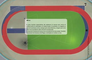 7


400 m:

Es para muchos especialistas del atletismo la carrera que marca el
umbral entre la velocidad y el medio fondo. Su partida y su llegada se
dan en la primera curva, aunque para esta distancia, al igual que la de
200 m los corredores salen de forma escalonada.
Se recorren 2 tramos en recta y 2 en curva de forma intercalada. También
intervienen las fuerzas centrífuga y centrípeta en ambas curvas.




                                                                               Atletismo Sordolímpico
                                                                                    guía de
 