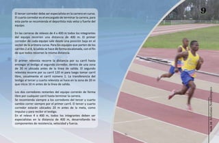 El tercer corredor debe ser especialista en la carrera en curva.
El cuarto corredor es el encargado de terminar la carrera, para
                                                                     9
esta parte se recomienda el deportista más veloz y fuerte del
equipo.

En las carreras de relevos de 4 x 400 m todos los integrantes
del equipo recorren una distancia de 400 m. El primer
corredor de cada equipo sale desde una posición baja en el
sector de la primera curva. Para los equipos que parten de los
carriles 2 al 8, la salida se hace de forma escalonada, con el fin
de que todos recorran la misma distancia.

El primer relevista recorre la distancia por su carril hasta
entregar el testigo al segundo corredor, dentro de una zona
de 20 m ubicada antes de la línea de salida. El segundo
relevista recorre por su carril 120 m para luego tomar carril
libre, usualmente el carril número 1. La transferencia del
testigo al tercer y cuarto relevista se hace en la zona de 20 m
que inicia 10 m antes de la línea de salida.




                                                                         Atletismo Sordolímpico
Los dos corredores restantes del equipo correrán de forma
libre por cualquier carril hasta terminar la carrera.
Se recomienda siempre a los corredores del tercer y cuarto
cambio correr siempre por el primer carril. El tercer y cuarto
corredor estarán ubicados 20 m antes de la meta, como
impulso y para recibir el testigo.
En el relevo 4 x 400 m, todos los integrantes deben ser
especialistas en la distancia de 400 m, desarrollando los
componentes de resistencia, velocidad y fuerza.




                                                                              guía de
 