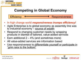 Competing in Global Economy In high change world   responsiveness trumps efficiency! Agile Enterprise is to global economy as assembly line was to industrial economy –  source of wealth Respond to changing customer needs by wrapping  products in blanket of tailored, value-added services  Earn additional 2 – 4% (and sometimes more) All value-added services are information based Use responsiveness to  differentiate yourself or participate in “grim race to the bottom” © 2007 Michael Hugos www.MichaelHugos.com Efficiency Responsiveness 