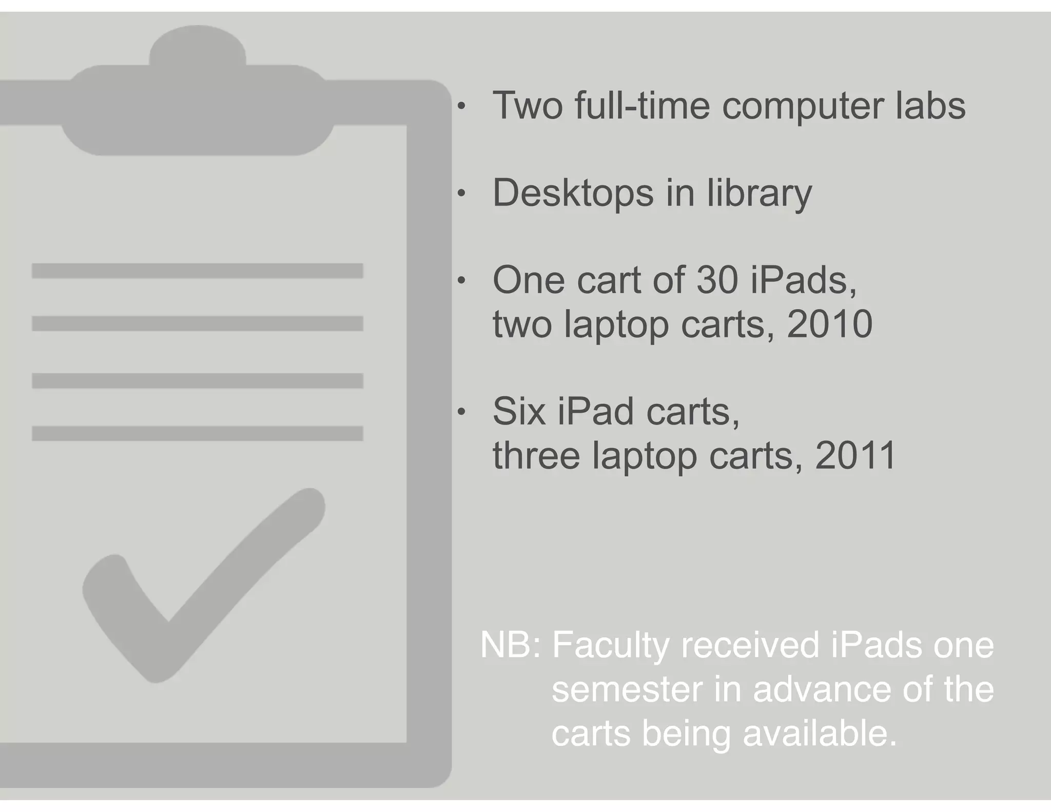 • Two full-time computer labs
• Desktops in library
• One cart of 30 iPads, 
two laptop carts, 2010
• Six iPad carts, 
three laptop carts, 2011
NB: Faculty received iPads one
semester in advance of the
carts being available.
 