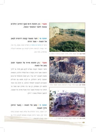 ‫מעבר | בין תחנות 9-01 מעץ החרוב הולכים‬
             ‫צפונה לחצר המשמר הבאה.‬



‫תחנה 01 | חצר משמר קטנה דרומית לבאב‬
                 ‫אל האווה - שער הרוח‬
‫בחצר זו )תחנה 01 במפה 1( מצויים אבוס, שוקת, קיר בנוי,‬
‫חורי קשירה לבהמות וחורים לקורות עץ ששימשו להצללה‬
                                  ‫)פרגולה(, )איור 82(.‬
                                                         ‫איור 62: חצר משמר גדולה, מחנה חוצבים )תחנה 9 במפה 1(‬



‫מעבר | בין תחנות 01-11 על המעבר חצוב‬
                        ‫באב אל האווה‬
‫מחצר המשמר הקטנה צועדים לכיוון צפון מזרח עד לדרך‬
‫החצובה ושער הרוח. בנקודה זו של מסלול ההליכה, הנמצאת‬
‫ממערב לשכונת "יפה נוף", ניתן לצאת מהמסלול אל כביש‬
‫השכונה )רחוב התכלת(, או לקיים מפגש עם מטיילים‬
‫המעוניינים להצטרף למסלול ההליכה, או לסיים את הסיור‬
                                                         ‫איור 72: אבוס וחורי קשירה לבהמות בחצר משמר גדולה‬
‫ולפגוש רכב שממתין. בין שני בתי מגורים ישנו מעבר צר‬
‫להולכי רגל המתחיל משער הרוח ומוביל מזרחה אל השכונה.‬
                        ‫להמשך המסלול צפונה ר' להלן.‬




‫תחנה 11 | באב אל האווה - )שער הרוח(‬
                         ‫ודרך חצובה‬
‫דרך חצובה, נתיבי הגלגלים של עגלות משא חצובים בסלע‬
‫)איור 92(, בשער נראים שקעים ששמשו לקיבוע בריחי עץ‬
                                 ‫וחורי קשירה לבהמות.‬               ‫איור 82: חצר משמר קטנה )תחנה 01 במפה 1(‬

                                                                                      ‫| שביל הרכס בעתלית‬   ‫04‬
 