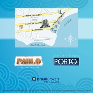 Em conformidade com a Lei 4.591/64, informamos que as fotos e ilustrações desta peça publicitária tem caráter meramente promocional, por tratar-se de um bem a ser construído. As condições de comercialização de cada unidade constam nos contratos a serem ﬁrmados com seus adquirentes. Registro de Incorporação: Numero: R 2/60.372 DE 17/12/2012, 6° Oﬁcio de Registro de Imóveis
                                           e Hipotecas de Salvador/BA. Responsável técnico: Eng. Paulo Roberto Brugni Nunes CREA/BA.9517/D. Projeto arquitetônico: Sidney Oliveira - CAU/BA56527-0. Alvará de Construção Nº16927/2012 Vendas: BRASIL BROKERS/BRITO &AMOEDO CRECI-PJ: 1063, SILVIO AGRA IMÓVEIS CRECI-PJ: 968.
 