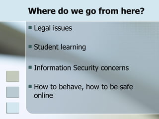 Where do we go from here? Legal issues Student learning Information Security concerns How to behave, how to be safe online 